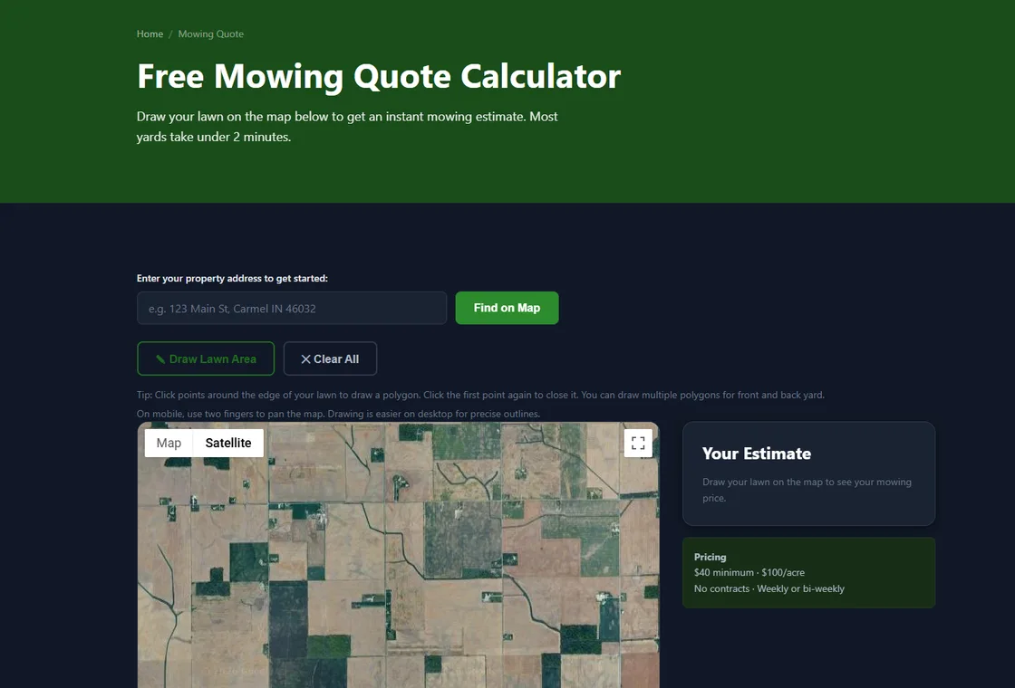 Screenshot of the Greenworks lawn mowing quote calculator tool